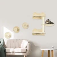 PawHut 4Pcs Cat Wall Shelf with Scratching Posts, Hammock, Steps, Platforms, Cat Shelves for Relaxing, Sleeping, Jumping, Cat Wall Climber for Indoor Cats, Beige(m-1)