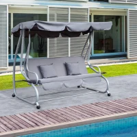Outsunny 3-Seat Outdoor Patio Swing Chair, Converting Flat Bed, Canopy Swing with Adjustable Shade, Removable Cushions, Cup Holder, Grey(m-8)