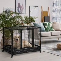 PawHut 43" Heavy Duty Dog Crate with Removable Tray, Lockable Wheels and Double Door, for Large and Extra Large Dogs, Black(m-10)