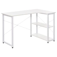 HOMCOM L-Shaped Computer Desk Home Office Corner Desk Study with Wide Desktop, 2 Side Shelves, Steel Frame, White(m-1)