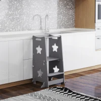 Qaba 2 in 1 Toddler Tower with Safety Rail for Bathroom, Sink, Kitchen or Counter, Gray(m-10)