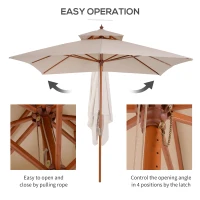 Outsunny 10x10ft Wood Square Patio Umbrella Garden Market Parasol Sunshade Canopy with 2 Pulley Pagoda Style, Khaki(m-6)