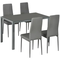 HOMCOM 5-Piece Rectangular Glass Kitchen Table and Chairs with Metal Frame and Faux Leather Upholstery for Dining Room, Grey(m-12)