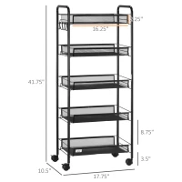 HOMCOM 5 Tier Utility Rolling Cart, Metal Storage Cart, Kitchen Cart with Removable Mesh Baskets, for Living Room, Laundry, Garage and Bathroom, Black(m-3)