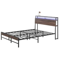HOMCOM Queen Size Bed Frame with LED Lights and Charging Station, Queen Bed Frame with Storage Headboard, Noise-Free, Walnut(m-2)