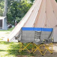 Outsunny 62" W Double Seat Camping Chair Folding Lawn Loveseat w/ Storage Pocket & Cup Holder Compact in a Bag for Outdoor, Beach, Picnic, Hiking, Travel, Blue(m-1)