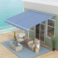 Outsunny 13' x 10' Electric Awning, Retractable Awning with LED Lights and Remote Controller for Door and Window, Blue and White(m-10)