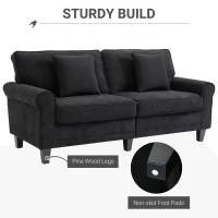 HOMCOM Modern 3-Seater Sofa 78" Thick Padded Comfy Couch with 2 Pillows, Corduroy Fabric Upholstery, Pine Wood Legs and Rounded Arms for Living Room, Black(m-5)