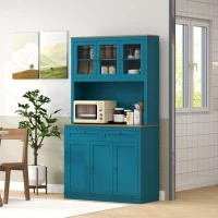HOMCOM 71" Pantry Cabinet with Microwave Space, Buffet with Hutch, 2 Drawers, Adjustable Shelves and Glass Doors, Navy Blue(m-8)