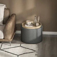 HOMCOM Round Storage Ottoman Coffee Table with Flip Top Tray, Linen Fabric Upholstered Footstool with Hidden Compartment(m-2)