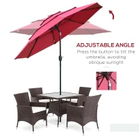 Outsunny 9FT 3 Tiers Patio Umbrella Outdoor Market Umbrella with Crank, Push Button Tilt for Deck, Backyard and Lawn, Wine Red(m-4)