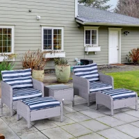 Outsunny 5 Pieces Wicker Patio Furniture Sofa Set Thick Padded Cushions, Outdoor PE Rattan Conversation Coffee Set with Armchairs, Footstools and Glass Top Table, Blue and White(m-1)