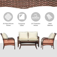 Outsunny 4-Piece Outdoor Wicker Sofa Set, Outdoor PE Rattan Conversation Furniture with 4 Chairs & Table, Water-Fighting Material, White(m-4)
