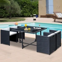 Outsunny 5 Pieces Wicker Patio Dining Set Outdoor Furniture Set with Removable Cushions, Glass Top Dining Table, PE Rattan Conversation Set for Garden Poolside Backyard, Cream(m-1)
