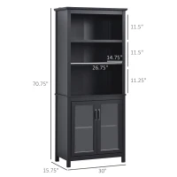HOMCOM 71" Bookcase Storage Hutch Cabinet with Adjustable Shelves and Glass Doors for Home Office, Kitchen, Living Room, Black(m-3)