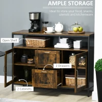 HOMCOM Kitchen Sideboard Industrial Style Serving Buffet Storage Cabinet Cupboard with Adjustable Shelves, Glass Doors, 2 Drawers for Dining, Living Room, Rustic Brown(m-4)