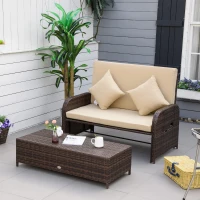 Outsunny Patio Rattan Daybed with Cushions, Wicker Outdoor Bed Lounger w/ Loveseat, Storage Ottoman, Coffee & Side Tables, for Poolside, Porch, Backyard, Beige(m-2)
