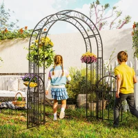 Outsunny 7.4ft Steel Garden Arch with Gate, Garden Arbor Trellis for Climbing Plants, Roses, Vines, Wedding Arch for Outdoor, Garden, Lawn, Backyard, Black(m-9)