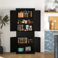 HOMCOM 72" Kitchen Storage Cabinet, Farmhouse Kitchen Pantry Cabinet with 4 Barn Doors, Drawer, Adjustable Shelves, Black(m-8)