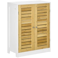 kleankin Bathroom Floor Cabinet, Side Storage Organizer Cabinet with Bamboo Doors, Adjustable Shelves for Bathroom, White and Natural(m-1)