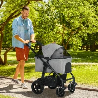 PawHut 2 in 1 Foldable Dog Stroller with Suspension, Detachable Carriage, Adjustable Canopy, Safety Leashes and Storage Basket, Grey(m-2)