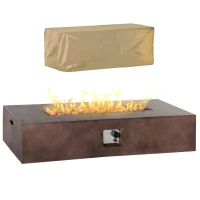 Outsunny 56" Firepit Table for Outside, 50,000 BTU Large Rectangular Stone Gas Firepit with Lava Rocks & Rain Cover, Fits 20lb Tank, Brown(m-1)
