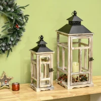 HOMCOM 2 Pack 30"/21" Large Fine Woodworking Decorative Lantern, Metal Hanging Wooden Indoor Covered Outdoor Lantern for Home Décor (No Glass), Black and Natural Wood Faded Colour(m-1)