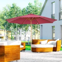 Outsunny 10' x 8' Bamboo Wooden Round Market Patio Sun Umbrella Garden Parasol Outdoor Sunshade Canopy, Wine Red(m-1)