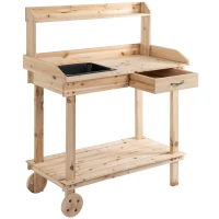 Outsunny 36" Wooden Potting Bench Work Table with 2 Removable Wheels, Garden Workstation with Removable Sink, Drawer & Large Storage Spaces, Natural(m-11)