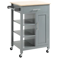 HOMCOM Kitchen Island Cart, Rolling Kitchen Island with Storage Shelf, Solid Wood Top, Drawer, for Dining Room, Gray(m-1)