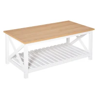 HOMCOM Farmhouse Style Coffee Table with X Bar Frame, Open Slat Wooden Bottom Shelf, Natural/White(m-11)