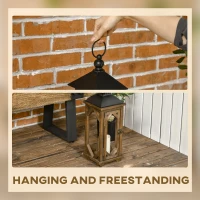 HOMCOM 2 Pack 31"/21" Large Rustic Lantern Decorations, Hanging Wooden Metal Indoor Covered Outdoor Lantern for Home Decor (No Glass), Black and Dark Wood Color(m-5)