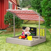 Outsunny Kids Sandbox with Canopy, Bench Seats Wooden Sand Pit, Backyard Toy with Chalkboard, Tic Tac Toe Game, Gift for Girls and Boys, Ages 3-7(m-2)