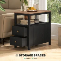 HOMCOM Side Table with Charging Station and USB Ports, Narrow End Table with Drawers, Shelf for Living Room, Black(m-5)