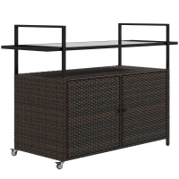 Outsunny 2-Tier PE Rattan Outdoor Bar Cart, Glass Top Outdoor Kitchen Island with Cabinet, Mixed Brown(m-11)