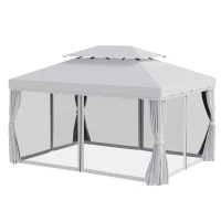 Outsunny 10' x 13' Patio Gazebo, Aluminum Frame Double Roof Outdoor Gazebo Canopy Shelter with Netting & Curtains, Light Gray(m-11)