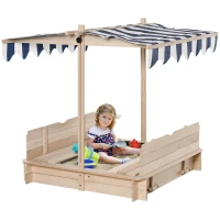 Outsunny Kids Wooden Sandbox Outdoor Backyard Playset Children Play Station w/ Adjustable Canopy & Convertible Bench Sand for 3-7 Years Old(m-11)