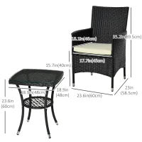 Outsunny 3 Pieces Patio Bistro Set, Outdoor PE Rattan Porch Furniture with Two Armchairs, Glass Top Coffee Table, Black(m-3)