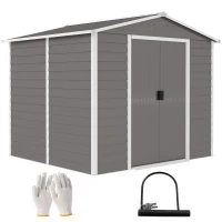 Outsunny 8' x 7' Outdoor Storage Shed, Easy to Assemble, Upgraded Galvanized Metal Garden Shed with Lockable Doors, Floor Frame and Gloves for Backyard, Lawn, Patio, Light Grey(m-11)