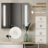 kleankin Lighted Medicine Cabinet with Mirror, 27.5" x 25.5" Wall Mounted Dimmable Bathroom Mirror Cabinet with 3-Tier Storage Shelves, LED Lights, Smart Touch and USB Charge, Dark Wood Grain(m-6)