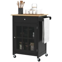 HOMCOM Rolling Kitchen Cart with Drawer and Glass Door Cabinet, Kitchen Island on Wheels with Towel Rack, Black(m-2)
