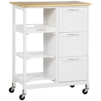 HOMCOM Kitchen Cart, Kitchen Island Coffee Bar Cart on Wheels with Wooden Top, Utility Trolley with 3 Storage Drawers, 2 Shelves, Removable Tray for Dining Room, White(m-2)