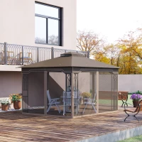 Outsunny 10' x 12' Patio Gazebo, Double Roof Outdoor Canopy Shelter with Corner Frame and Mesh Netting for Garden, Lawn, Backyard and Deck, Brown(m-10)