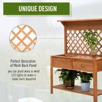 Outsunny Garden Potting Bench, Outdoor Wooden Workstation Table w/ Metal Screen, Drawer, Hooks, Storage Shelf, and Lattice Back for Patio, Backyard and Porch(m-7)