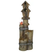 Outsunny Outdoor Fountain with Birdhouse, Cascading Garden Waterfall Bird Bath with 3-Tier Rustic Tree Trunk / Log Design, LED Lights for Porch, Deck, Yard Decor, Brown(m-11)