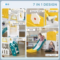 Qaba 7 in 1 Toddler Slide with Basketball Hoop, Climber, Telescope, Tunnel, Steering Wheel, for 1-3 Years, Yellow(m-4)