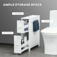 kleankin Slim Bathroom Cabinet, Freestanding Storage Cabinet, Toilet Paper Holder with Two Drawers, Side Towel Rack, and Wheels, 7 x 20.5 x 24.75 Inches, White(m-4)