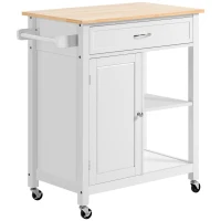 HOMCOM Kitchen Island Cart, Rolling Kitchen Island with Storage Shelf, Solid Wood Top, Drawer, for Dining Room, White(m-11)
