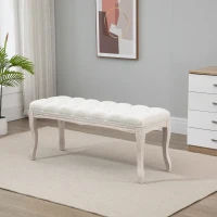 HOMCOM 43" Upholstered Entryway Bench, Linen Fabric Ottoman Stool with Button Tufted Seat, and Rubber Wood Legs for Living Room, Bedroom, or Hallway, Beige(m-10)