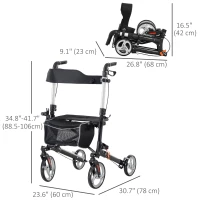 HOMCOM Lightweight Folding Rolling Walker with Large Seat, Back, Adjustable Handle, Bag, Dual Brake, Cane Holder, Black(m-3)